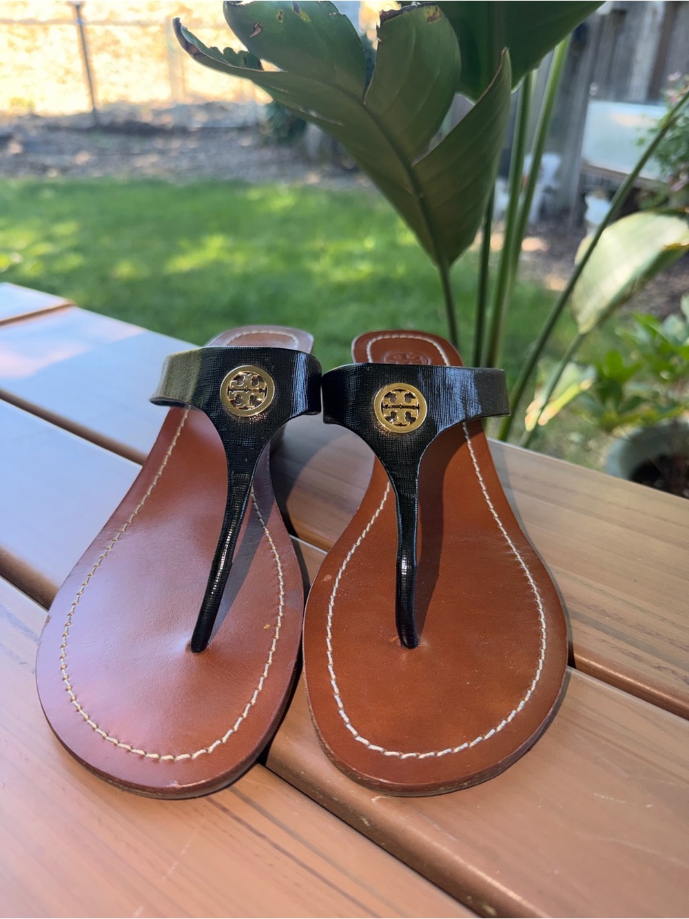 Tory Burch Black Leather Cameron Wedge Sandals 9.5 M